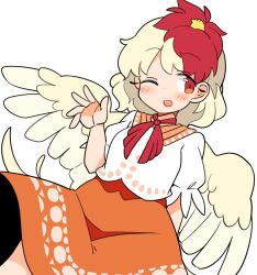 Rule 34 | 1girl, animal, animal on head, bird, bird on head, bird wings, blonde hair, blush, chick, dress, feathered wings, ini (inunabe00), multicolored hair, niwatari kutaka, on head, one eye closed, open mouth, orange dress, red eyes, red hair, shirt, short hair, short sleeves, simple background, smile, solo, touhou, two-tone hair, white background, white shirt, wings, yellow wings