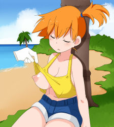Rule 34 | 1girl, aaa (nisetsuru), alternate breast size, beach, blush, breasts, clothes lift, cloud, covered erect nipples, creatures (company), day, closed eyes, game freak, large breasts, misty (pokemon), nintendo, nipples, no bra, one breast out, open mouth, orange hair, outdoors, pokemon, pokemon (anime), shirt lift, short ponytail, shorts, sky, sleep molestation, sleeping, solo, tank top, undressing