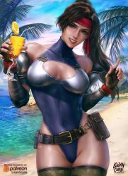 Rule 34 | 1girl, absurdres, armor, beach, blue leotard, breastplate, brown eyes, brown hair, costa del sol, drink, final fantasy, final fantasy vii, final fantasy vii remake, fingerless gloves, gloves, headband, highres, holding glass, jessie rasberry, jewelry, leotard, logan cure, long hair, palm tree, patreon logo, pointing, ponytail, red headband, solo, square enix, tree, watermark, web address