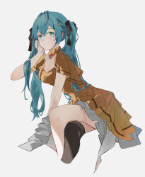 Rule 34 | 1girl, absurdres, aqua eyes, aqua hair, black ribbon, black thighhighs, collarbone, commentary, crossed legs, dress, earrings, frilled dress, frills, hair between eyes, hair ornament, hand on own cheek, hand on own face, hatsune miku, head rest, highres, jenmin12, jewelry, long hair, looking at viewer, orange dress, ribbon, simple background, single thighhigh, solo, thighhighs, twintails, vocaloid, white background