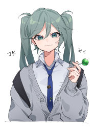 absurdres candy food green_hair hatsune_miku highres lollipop necktie odd_(miyoru) school_uniform smug spring_onion sweater tie_clip twintails vocaloid white_background