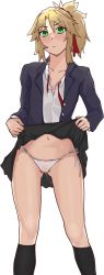 Rule 34 | 1girl, black skirt, black socks, blazer, blonde hair, blue jacket, blush, braid, cleft of venus, clothes lift, collared shirt, dress shirt, fate/grand order, fate (series), female focus, french braid, gluteal fold, green eyes, hair ornament, hair scrunchie, highres, jacket, kneehighs, lifting own clothes, long hair, long sleeves, looking at viewer, miniskirt, mordred (fate), mordred (fate/apocrypha), navel, neck ribbon, nose blush, open clothes, open jacket, panties, parted bangs, pleated skirt, ponytail, pussy juice, pussy juice drip through clothes, pussy juice trail, red neckwear, red ribbon, red scrunchie, ribbon, school uniform, scrunchie, shirt, side-tie panties, simple background, skirt, skirt lift, socks, solo, standing, string panties, todding, transparent background, underwear, undone neck ribbon, white background, white panties, white shirt