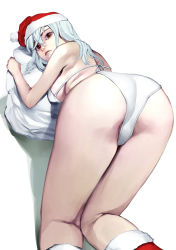 Rule 34 | 1girl, all fours, ass, ass focus, bent over, bikini, blue hair, breasts, brown hair, closed mouth, from behind, fur-trimmed headwear, fur-trimmed legwear, fur trim, hair between eyes, hat, highres, inamitsu shinji, light blue hair, lips, long hair, looking at viewer, looking back, medium breasts, original, paid reward available, pom pom (clothes), red hat, red legwear, sack, santa hat, shadow, simple background, solo, swimsuit, thighs, top-down bottom-up, white background, white bag, white bikini
