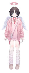 Rule 34 | 1girl, absurdres, angel wings, bag, blue eyes, brown hair, closed mouth, collared shirt, cross, cross necklace, full body, halo, highres, jacket, jewelry, light blush, long sleeves, looking at viewer, loose socks, neck ribbon, necklace, no pants, open clothes, open jacket, original, oyasumi guu guu, pink halo, pink jacket, pink ribbon, pink shirt, ribbon, shirt, shoes, short hair, signature, simple background, sneakers, socks, solo, white background, white socks, white wings, wings