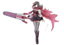 Rule 34 | 1girl, alternate universe, boots, cape, cat with a brush, commentary, corset, eyepatch, long hair, ruby rose, rwby, simple background, solo, sword, thighhighs, weapon, white background, zweihander