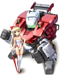 Rule 34 | 1girl, bare shoulders, bishoujo yuugekitai battle skipper, blonde hair, blue eyes, bow, breasts, cleavage, cleavage cutout, closed umbrella, clothing cutout, hair bow, hairband, hand on own hip, katahira masashi, leotard, looking at viewer, mecha, planted, planted umbrella, race queen, robot, simple background, smile, solo, thighhighs, umbrella, white background, white thighhighs