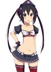 Rule 34 | bad id, bad pixiv id, black hair, brown eyes, cosplay, fingerless gloves, gloves, hand on own hip, hat, hip focus, jpeg artifacts, k-on!, kooh, kooh (cosplay), long hair, moto2992, nakano azusa, pangya, pirate hat, solo, thighhighs, third-party edit, twintails, very long hair, wide hips