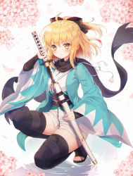 Rule 34 | 1girl, absurdres, arm guards, bad id, bad pixiv id, black scarf, black thighhighs, blonde hair, blush, bow, breasts, brown bow, brown eyes, closed mouth, commentary request, fate/grand order, fate (series), flower, foreign blue, full body, hair between eyes, hair bow, haori, highres, holding, holding sheath, holding sword, holding weapon, japanese clothes, katana, kimono, koha-ace, long hair, long sleeves, looking at viewer, obi, okita souji (fate), okita souji (koha-ace), petals, pink flower, ponytail, ripples, sash, scarf, sheath, short kimono, small breasts, solo, squatting, sword, thighhighs, toeless legwear, toenails, unsheathing, water, weapon, white kimono, wide sleeves