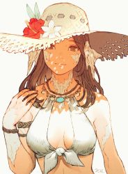 Rule 34 | 1girl, absurdres, arm at side, armlet, au ra, warrior of light (ff14), bare shoulders, bikini, bracelet, breasts, brown eyes, brown hair, cleavage, dappled sunlight, final fantasy, final fantasy xiv, flower, front-tie bikini top, front-tie top, halterneck, hand on own shoulder, hand up, hat, hat flower, hat ribbon, hibiscus, highres, jewelry, kuroimori, long hair, looking at viewer, medium breasts, medium hair, necklace, pendant, red flower, ribbon, ribbon trim, rope, shade, simple background, smile, solo, straw hat, sun hat, sunlight, swimsuit, white background, white flower