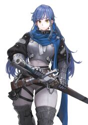 Rule 34 | 1girl, armor, armored boots, armored gloves, blue hair, blue scarf, bodysuit, boots, breastplate, breasts, earrings, gluteal fold, greaves, highres, holding, holding sword, holding weapon, hoop earrings, jewelry, jun (navigavi), large breasts, long bangs, long hair, looking at viewer, low twintails, original, scarf, sheath, skindentation, solo, standing, sword, thick thighs, thigh strap, thighs, twintails, unsheathing, weapon, white background, white bodysuit, yellow eyes