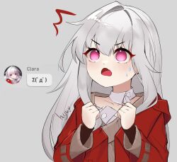Rule 34 | 1girl, brown sweater, clara (honkai: star rail), coat, commentary, detached collar, english commentary, highres, honkai: star rail, honkai (series), hyuu (lblank27), jacket, long hair, open clothes, open mouth, pink eyes, red coat, surprised, sweatdrop, sweater, upper body, white background, white hair