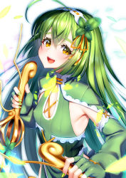 Rule 34 | 1girl, :d, ahoge, armpits, blush, dual wielding, elbow gloves, fingerless gloves, fingernails, flat chest, flower knight girl, gloves, green gloves, green hair, green nails, green theme, hair ornament, hairband, head tilt, highres, holding, leaf lsd, long hair, looking at viewer, mint (flower knight girl), nail polish, name connection, object namesake, open mouth, reverse grip, simple background, smile, solo, thick eyebrows, upper body, white background, white hairband, yellow eyes