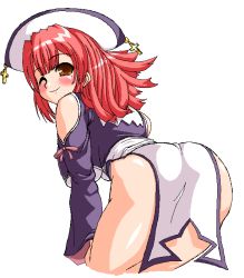 Rule 34 | 1girl, ;), ass, bent over, blush, brown eyes, cowboy shot, cross, from behind, hat, la pucelle, long hair, long sleeves, looking back, mole, mole under eye, no legwear, one eye closed, prier, red hair, simple background, smile, solo, thighs, white background, wink