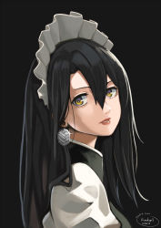 Rule 34 | 1girl, agent (girls&#039; frontline), alternate hairstyle, artist name, black background, black hair, commentary, dated, drop earrings, earrings, emblem, english commentary, engrish commentary, eyelashes, from side, girls&#039; frontline, highres, jewelry, kion-kun, lips, lipstick, long hair, looking at viewer, maid, maid headdress, makeup, no hair ornament, parted lips, sangvis ferri, simple background, solo, upper body, yellow eyes