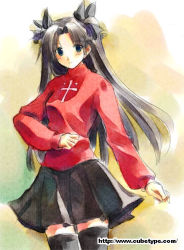 Rule 34 | 00s, 1girl, black thighhighs, blue eyes, brown hair, cross, fate/stay night, fate (series), hair ribbon, ribbon, skirt, solo, sweater, thighhighs, tohsaka rin, turtleneck, two side up