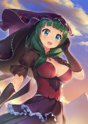 Rule 34 | 1girl, :d, aqua eyes, blush, breasts, cleavage, cloud, corset, covered erect nipples, frills, front ponytail, gloves, green hair, kagiyama hina, long hair, looking at viewer, mountain, open mouth, puffy sleeves, see-through, sky, smile, solo, touhou, upper body, zimajiang