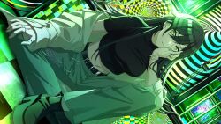 Rule 34 | 1girl, backlighting, belt, belt chain, black footwear, black hair, black shirt, boots, bracelet, breasts, cable, clothes down, commentary, crop top, dutch angle, ear chain, earclip, game cg, green pants, green theme, hand on own face, idolmaster, idolmaster shiny colors, indoors, jacket, jewelry, large breasts, long hair, looking at viewer, midriff, multiple rings, navel, official art, pants, parted lips, platform footwear, ring, serious, shirase sakuya, shirt, short sleeves, sitting, solo, television, tile floor, tiles, turtleneck, yellow eyes