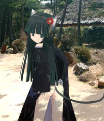 Rule 34 | 1girl, animal ears, ass, black hair, blunt bangs, cat ears, cat tail, flower, hair ornament, houmitsu, japanese clothes, kimono, long hair, no panties, original, pussy, solo, tail, uncensored