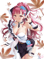 1girl :3 \||/ arm_strap armpits ashlee_(vtuber) asymmetrical_clothes autumn_leaves bare_shoulders black_hairband black_skirt blue_flower blue_rose blunt_bangs breasts cleavage collarbone commentary_request commission cowboy_shot dress flower hair_flower hair_ornament hairband highres indie_virtual_youtuber kogarashi_tobi large_breasts leaf long_hair looking_at_viewer necktie pink_flower pink_rose ponytail red_eyes red_hair rose shirt short_necktie sidelocks signature simple_background skeb_commission skirt sleeveless sleeveless_shirt solo strapless strapless_dress thigh_strap twisted_torso virtual_youtuber white_background white_sleeves