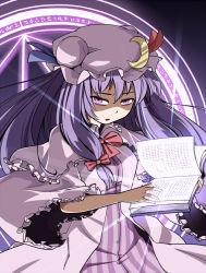 Rule 34 | 1girl, book, bow, bowtie, buttons, capelet, cowboy shot, crescent, crescent hat ornament, dress, hair between eyes, hat, hat ornament, holding, holding book, long hair, long sleeves, looking at viewer, magic circle, maguro (mawaru sushi), mob cap, open book, open mouth, patchouli knowledge, pink capelet, pink dress, pink eyes, pink hat, purple hair, red bow, red bowtie, shaded face, solo, striped clothes, striped dress, touhou, vertical-striped clothes, vertical-striped dress, wide sleeves