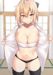 Rule 34 | 1girl, ahoge, bandages, bikini bridge, black bow, black panties, black thighhighs, blonde hair, blouse, blurry, blurry background, blush, bow, breasts, chest sarashi, cleavage, collarbone, cowboy shot, danimaru, fate/grand order, fate (series), groin, hair between eyes, hair bow, highres, indoors, large breasts, looking at viewer, medium breasts, navel, okita souji (fate), okita souji (koha-ace), open clothes, open shirt, panties, sarashi, shirt, short hair, skindentation, smile, solo, stomach, thighhighs, toned, underwear, white shirt, yellow eyes