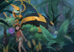 Rule 34 | 1girl, alternate color, bag, bare arms, black hair, braid, bush, commentary request, creatures (company), floral print, game freak, gen 7 pokemon, gen 8 pokemon, hand up, hat, highres, kikuyoshi (tracco), knees, naganadel, nintendo, open mouth, outdoors, pokemon, pokemon (creature), pokemon usum, selene (pokemon), shiny pokemon, shirt, shorts, shoulder bag, standing, tongue, toxel, twin braids, twintails, ultra beast, white shorts