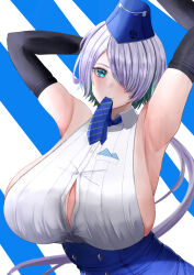 Rule 34 | 1girl, aqua eyes, aqua hair, armpits, arms up, bare shoulders, blue background, blue hat, blue necktie, blue skirt, breasts, brid (nikke), bridal gauntlets, button gap, collared shirt, colored inner hair, commentary, cowboy shot, goddess of victory: nikke, grey hair, hair between eyes, hair over one eye, hat, high-waist skirt, highres, huge breasts, long hair, looking at viewer, low ponytail, mouth hold, multicolored hair, necktie, no mole, shirt, sideboob, sidelocks, skirt, solo, standing, striped, striped background, striped necktie, two-tone hair, white background, yuu makoto