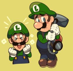 Rule 34 | :d, blue eyes, blue overalls, blush, blush stickers, bright pupils, brown footwear, closed eyes, facial hair, flower, frown, gloves, green headwear, green shirt, highres, holding, long sleeves, loveycloud, luigi, luigi&#039;s mansion, mario (series), multiple views, mustache, nintendo, notice lines, open mouth, overalls, poltergust 3000, shirt, shoes, sideburns, simple background, smile, white gloves, white pupils, worried, yellow background