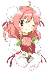 Rule 34 | 1girl, ;o, ahoge, bun cover, chain, cuffs, double bun, flat chest, flower, hair bun, ibaraki kasen, juliet sleeves, leaf, long sleeves, medium hair, nonamejd, official style, one eye closed, open mouth, pink eyes, pink flower, pink hair, puffy sleeves, red tabard, shackles, simple background, solo, tabard, touhou, upper body, white background, zun (style)