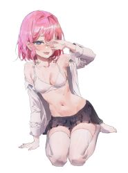 Rule 34 | 1girl, absurdres, baka (bakayaro111555), blue eyes, blush, bra, breasts, covering privates, covering one eye, hair between eyes, highres, long sleeves, looking at viewer, medium breasts, miniskirt, open clothes, open shirt, original, pink hair, pleated skirt, shirt, short hair, simple background, sketch, skirt, solo, sweat, thighhighs, tongue, tongue out, underwear, white background, white bra, white shirt, white thighhighs