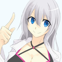 Rule 34 | 1girl, artist request, blue background, blue eyes, blush, breasts, cleavage, collarbone, criss-cross halter, female focus, fingernails, hair between eyes, halterneck, halterneck, highres, index finger raised, lab coat, large breasts, long hair, looking at viewer, neck, ore twintail ni narimasu, silver hair, simple background, smile, solo, twoearle, upper body, very long hair