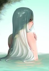 Rule 34 | 1girl, andrea vaeyl, dappled sunlight, from behind, hair over one eye, highres, long hair, looking to the side, nude, original, partially submerged, razalor, solo, sunlight, water, wet, white hair, yellow eyes