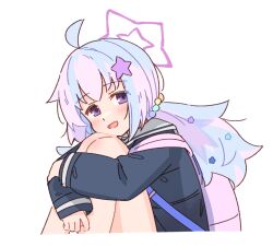 Rule 34 | 1girl, ahoge, backpack, bag, black jacket, blue archive, blush, feet out of frame, hair ornament, halo, jacket, long hair, long sleeves, multicolored hair, open mouth, pink hair, purple eyes, purple hair, purple halo, reisa (blue archive), shiromoca, simple background, smile, solo, star (symbol), star hair ornament, white background