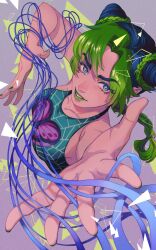 1girl black_hair braid cone_hair_bun double_bun green_eyes green_hair green_lips hair_bun highres jojo_no_kimyou_na_bouken kuujou_jolyne lipstick looking_at_viewer makeup multicolored_hair solo spider_web_print stone_ocean two-tone_hair