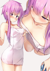 Rule 34 | &gt;:(, 1girl, blurry, blush, breasts, closed mouth, commentary request, depth of field, grey background, hair between eyes, highres, kanzen bouon, long hair, multiple views, naked towel, purple eyes, purple hair, sidelocks, simple background, small breasts, towel, v-shaped eyebrows, voiceroid, yuzuki yukari
