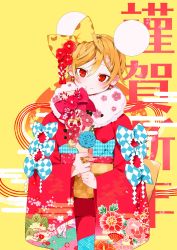 Rule 34 | 1girl, animal ears, bell, bell earrings, blonde hair, blue bow, bow, closed mouth, commentary request, earrings, egasumi, fake animal ears, floral print, flower, fur collar, hair between eyes, hair bow, hair flower, hair ornament, head tilt, highres, holding, japanese clothes, jewelry, kimono, kouhaku nawa, looking at viewer, original, ouchi kaeru, rabbit hair ornament, red eyes, red kimono, ring, rope, sash, seigaiha, shimenawa, short hair, smile, solo, yellow background, yellow bow, yellow sash