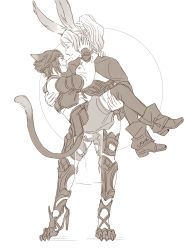 Rule 34 | 1boy, 1girl, absurdres, alternate costume, alternate universe, animal ears, carrying, cat ears, cat tail, claws, couple, crimson sun, final fantasy, final fantasy xiv, final fantasy xv, greyscale, hand on another&#039;s face, happy, high heels, highres, lunafreya nox fleuret, miqo&#039;te, monochrome, noctis lucis caelum, official alternate costume, pelvic curtain, ponytail, princess carry, rabbit ears, tail, tall female, viera, warrior of light (ff14)