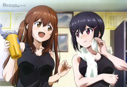 Rule 34 | 2girls, :d, absurdres, black hair, black tank top, bottle, breast hold, breasts, brown eyes, brown hair, cleavage, closed mouth, collarbone, hair ornament, hairclip, highres, holding, holding bottle, indoors, medium breasts, multiple girls, nagamori yoshihiro, official art, open mouth, red eyes, sidelocks, smile, takeda yomi, tamayomi, tank top, towel, towel around neck, twintails, wet, yamazaki tamaki