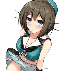 Rule 34 | 10s, 1girl, bare shoulders, black gloves, blue eyes, blush, breasts, brown hair, cleavage, clothes lift, don (29219), gloves, hair ornament, hat, headgear, kantai collection, looking at viewer, maya (kancolle), maya kai ni (kancolle), midriff, panties, pantyshot, pleated skirt, short hair, simple background, sitting, skirt, skirt lift, sleeveless, smile, solo, twitter username, underwear, white background, x hair ornament