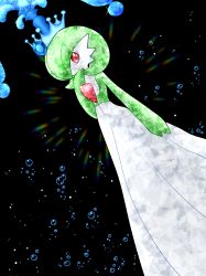 Rule 34 | 1girl, black background, blue gemstone, blue headwear, bob cut, bubble, colored skin, creatures (company), crown, dutch angle, female focus, flat chest, from below, game freak, gardevoir, gem, gen 3 pokemon, glowing, green hair, green skin, hair over one eye, hand to own mouth, hand up, highres, looking at viewer, looking down, muguet, multicolored skin, nintendo, one eye covered, pokemon, pokemon (creature), red eyes, short hair, solo, standing, terastallization, two-tone skin, white skin