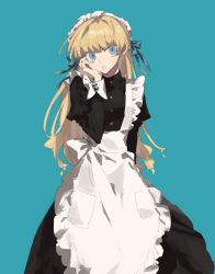 Rule 34 | 1girl, apron, black dress, blonde hair, blue background, blue eyes, blue pupils, blue ribbon, commentary request, dress, guu (guu8), hair ribbon, hand up, highres, juliet sleeves, long hair, long sleeves, maid, maid apron, maid headdress, open mouth, original, puffy sleeves, ribbon, simple background, solo
