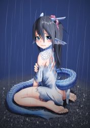 Rule 34 | 1girl, ass, bare legs, barefoot, black hair, blue eyes, blush, commentary request, dragon girl, dragon horns, dragon tail, facial mark, feet, fins, frown, hair between eyes, head fins, horn ornament, horn ribbon, horns, kagarimachi konatsu, long hair, looking at viewer, original, pointy ears, rain, ribbon, scales, sitting, soles, solo, tail, toes, torn clothes, wariza, water drop, wet, wet hair