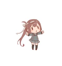Rule 34 | 1girl, asagumo (kancolle), black thighhighs, brown hair, chibi, commentary request, fairy (kancolle), grey jacket, grey sailor collar, grey skirt, hair ribbon, headband, jacket, kantai collection, long hair, lowres, negative space, nuno (pppompon), official alternate costume, outstretched arms, pleated skirt, ribbon, sailor collar, school uniform, serafuku, skirt, solo, standing, thighhighs, twintails, white headband