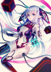 Rule 34 | 1girl, android, black thighhighs, breasts, cube, damaged, headgear, konbu001, long hair, mechanical parts, navel, original, pointy ears, silver hair, simple background, solo, thighhighs, very long hair