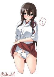 Rule 34 | ..., 10s, 1girl, akagi (kancolle), bad id, bad twitter id, black eyes, blush, breasts, brown hair, clothes lift, cowboy shot, cropped legs, ebifurya, fundoshi, gluteal fold, groin, hair between eyes, hakama, hakama short skirt, hakama skirt, highres, inactive account, japanese clothes, kantai collection, large breasts, lifted by self, long hair, looking at viewer, open mouth, sidelocks, simple background, skirt, skirt lift, solo, spoken ellipsis, twitter username, white background