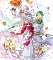 Rule 34 | 1boy, 1girl, alternate costume, bird, blush, bouquet, bow, breasts, cape, couple, crossed arms, dress, feathered wings, feathers, fire emblem, fire emblem: radiant dawn, fire emblem heroes, flower, full body, gloves, green hair, grey hair, hair ribbon, highres, holding, holding knife, holding weapon, knife, leaf, long hair, medium breasts, micaiah (fire emblem), nintendo, official art, open mouth, petals, red ribbon, ribbon, sothe (fire emblem), sparkle, teffish, transparent background, veil, weapon, wedding dress, white dress, white gloves, wings, yellow eyes, yune (fire emblem)