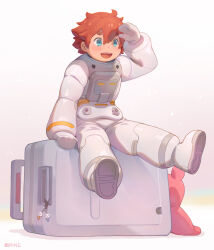 Rule 34 | 1girl, absurdres, blue eyes, ericht samaya, full body, gundam, gundam suisei no majo, highres, charm (object), looking afar, open mouth, pastel colors, red hair, seamonsterping, short hair, sitting, smile, solo, spacesuit, stuffed toy, suitcase, teeth, thick eyebrows, upper teeth only, white background
