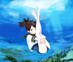 Rule 34 | 10s, 1girl, :i, :t, abe kanari, black ribbon, brown hair, closed mouth, commentary, green eyes, hair ribbon, holding breath, kantai collection, neckerchief, ponytail, ribbon, school swimsuit, school uniform, serafuku, shikinami (kancolle), short hair, short sleeves, solo, swimsuit, swimsuit under clothes, thighhighs, underwater, water, white thighhighs