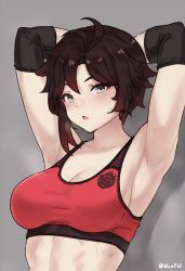 Rule 34 | 1girl, armpits, arms behind head, bluefield, breasts, brown hair, elbow sleeve, grey background, grey eyes, highres, large breasts, looking at viewer, open mouth, red sports bra, ruby rose, rwby, short hair, simple background, solo, sports bra, sweat, upper body