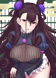 Rule 34 | 1girl, ao banana, arm under breasts, black dress, blush, breasts, brown hair, cleavage, cleavage cutout, clothing cutout, cone hair bun, double bun, dress, fate/grand order, fate (series), frills, hair between eyes, hair bun, hair ornament, highres, hip focus, large breasts, leaning forward, long hair, long sleeves, looking at viewer, murasaki shikibu (fate), open mouth, puffy sleeves, purple eyes, ribbed dress, solo, thighs, two side up, very long hair